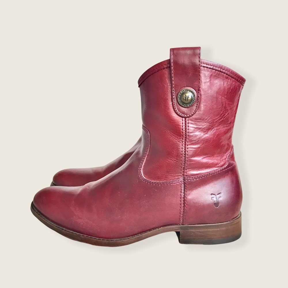 Frye Melissa Button Short Burgundy Italian Leather Pull On Casual Ankle Boots - Picture 7 of 16